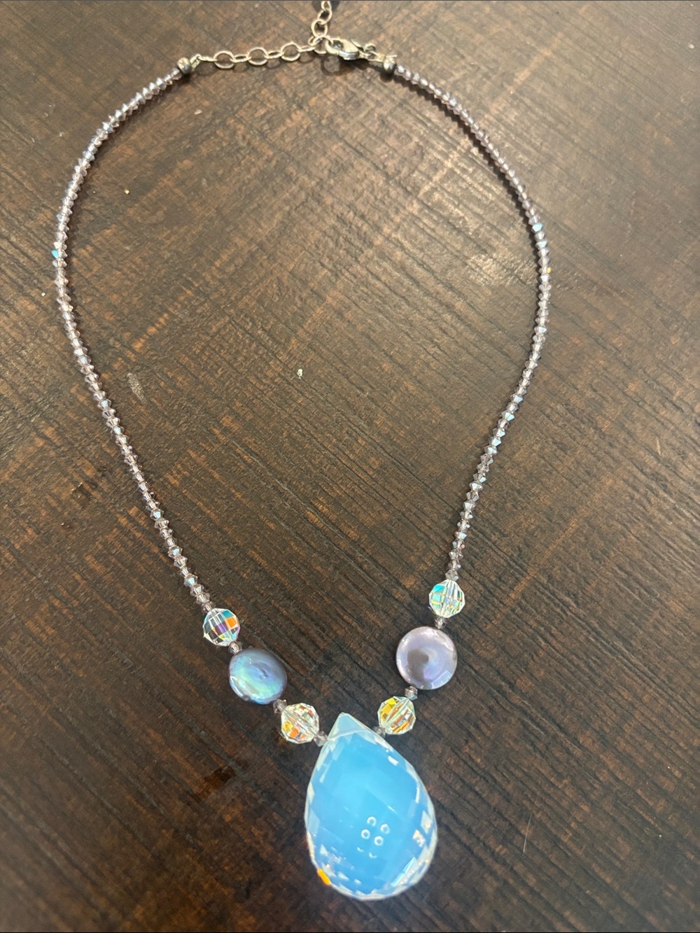Vintage Emily Ray 925 Sterling Silver Opalite Teardrop Statement Necklace